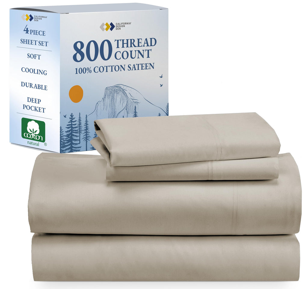 California Design Den Cal King Sheet Set Cotton - Luxury 800 Thread Count, 100% Cotton Sateen - California King Sheets Deep Pockets Bedding Set, Cooling & Softer Than Egyptian Cotton Sheets (Beige)