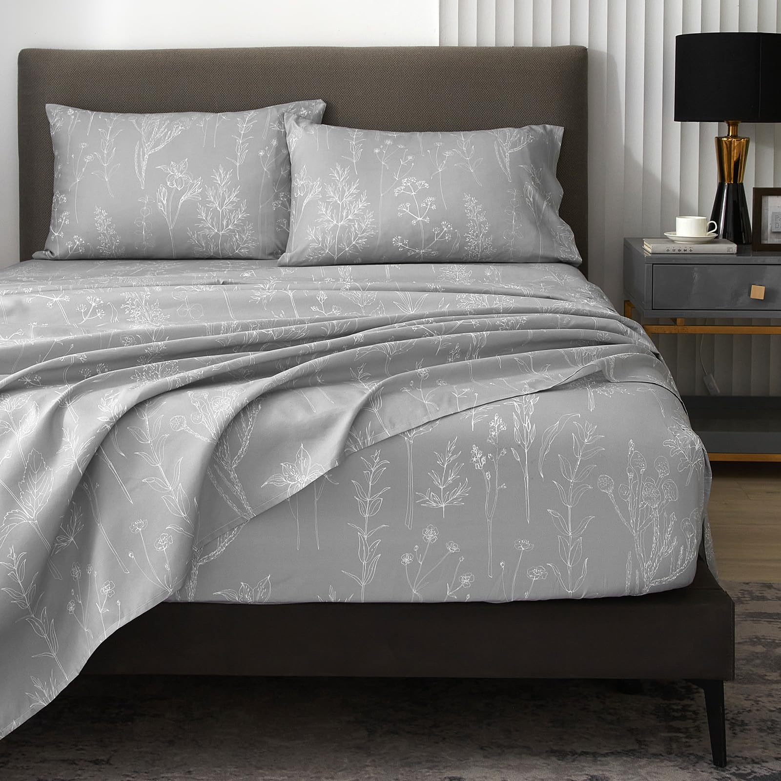 Hyprest Grey Floral Bed Sheets, 18 Inch Deep Pocket Full Sheets Ligh Grey Patterned Sheets Soft Luxury Cooling 1800 Thread Count