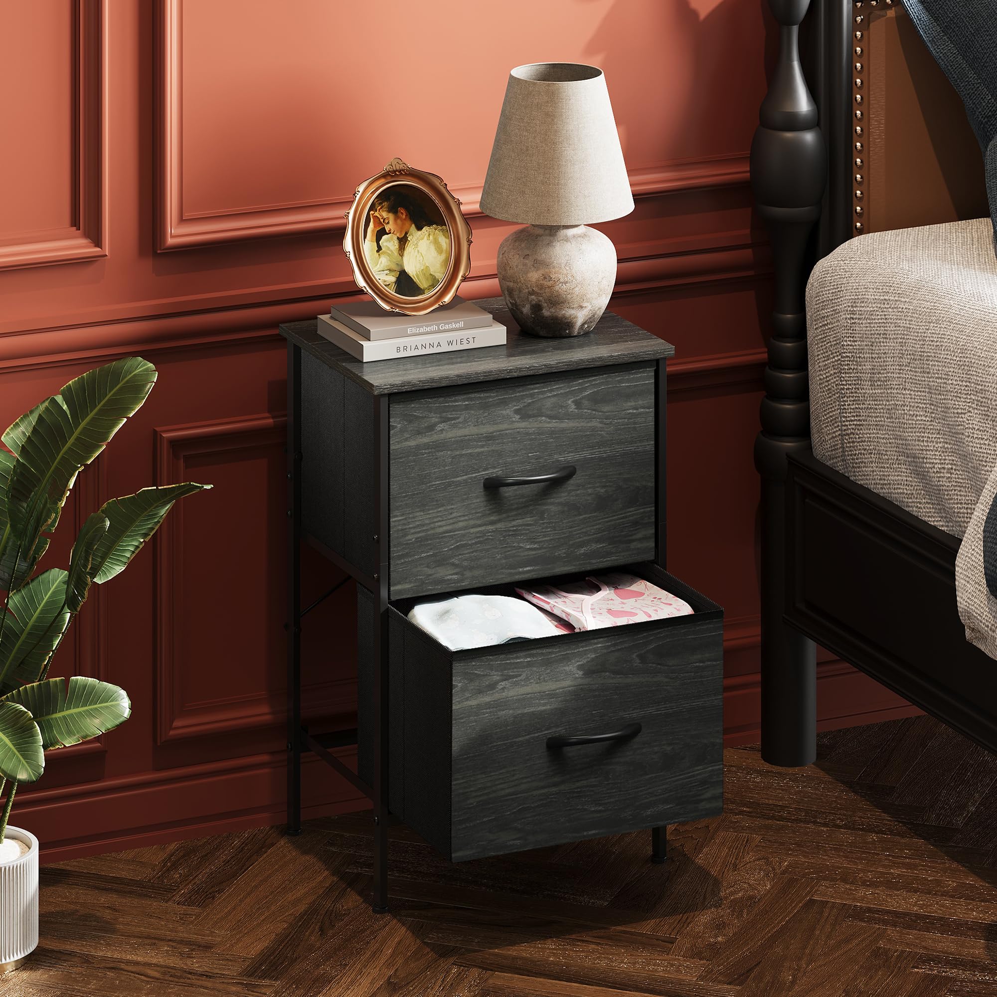 Wlive Nightstand, Nightstand With 2 Drawers, Bedside Furniture, Night Stand, Small Dresser For Bedroom, College Dorm, End Table With Fabric Bins, Dormitory, Charcoal Black Wood Grain Print, Size L