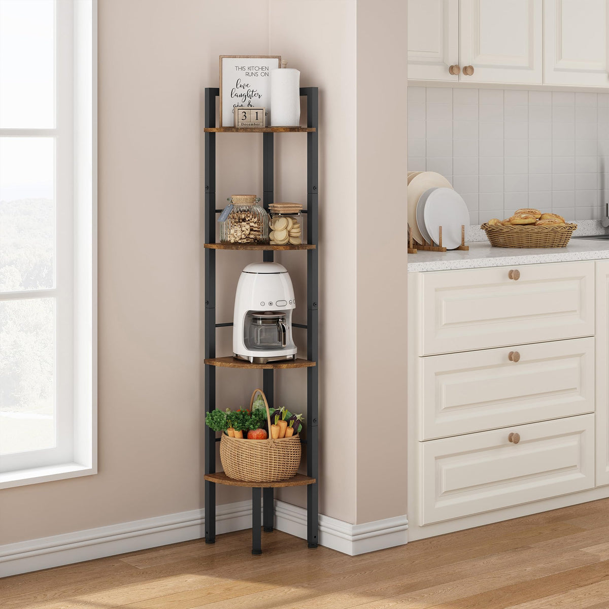 Tajsoon Tall Corner Book Shelf 4 Tier 53' Industrial Corner Ladder Shelves, Multipurpose Standing Shelf With Metal Frame, Small Shelf For Bedroom, Living Room, Office, Kitchen, Rustic Brown