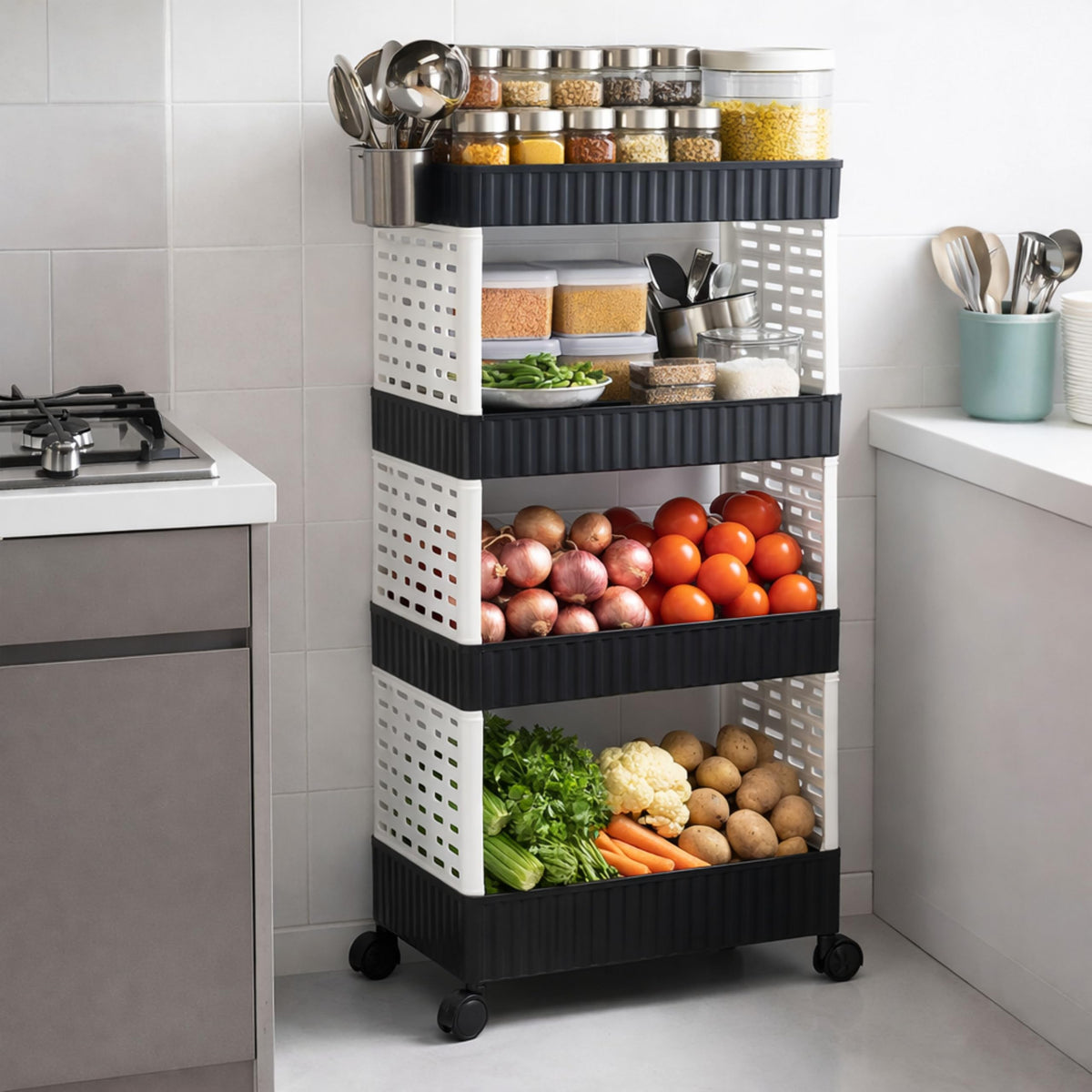 Elyvora Black & White 4Tier Rolling Storage Cart With Wheels, Portable Utility Organizer Trolley For Kitchen, Bathroom, Office,