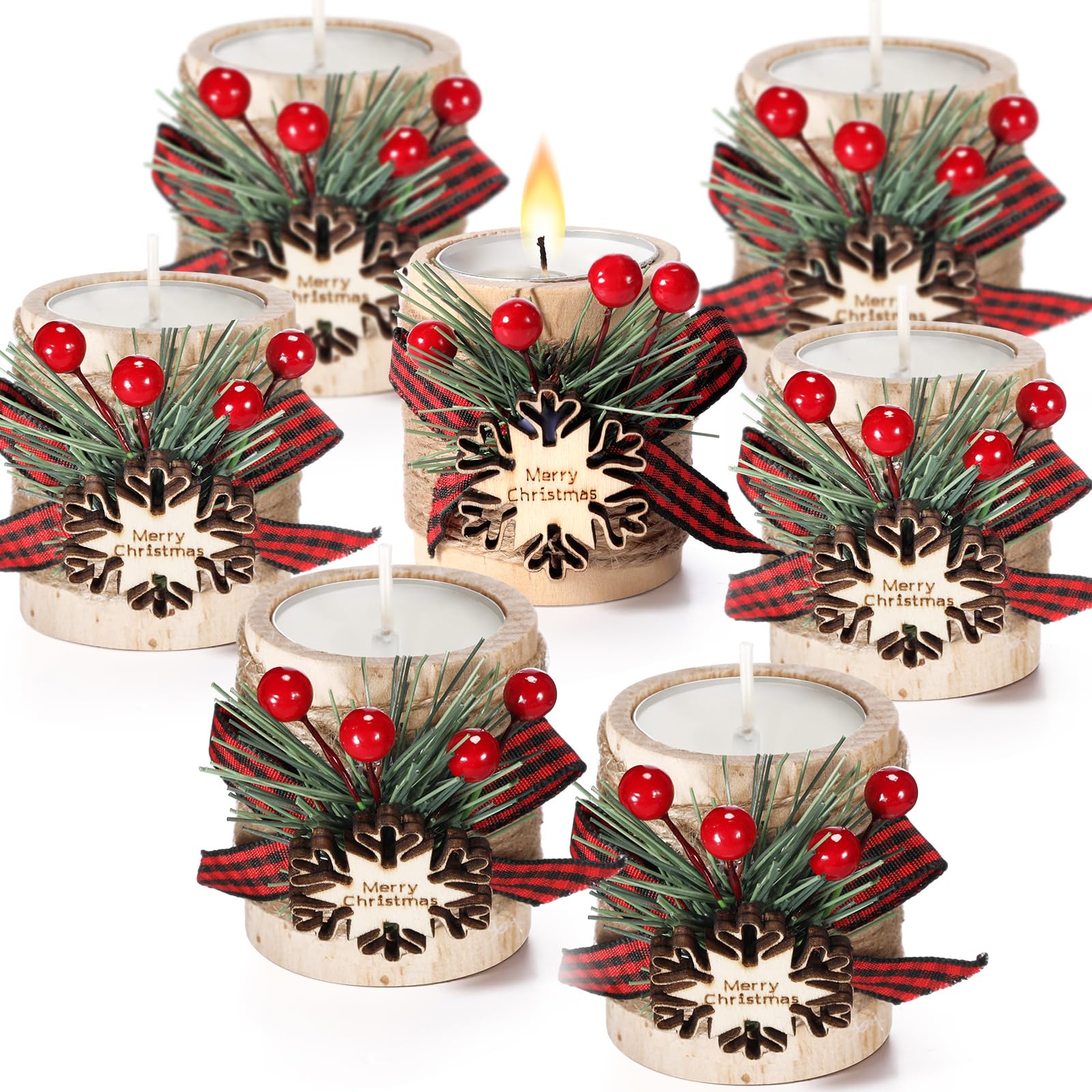 Uiifan 24 Sets Christmas Wood Tealight Candle Holder and Tea Lights Candles Set Decorative for Table Centerpiece Xmas Tealight C