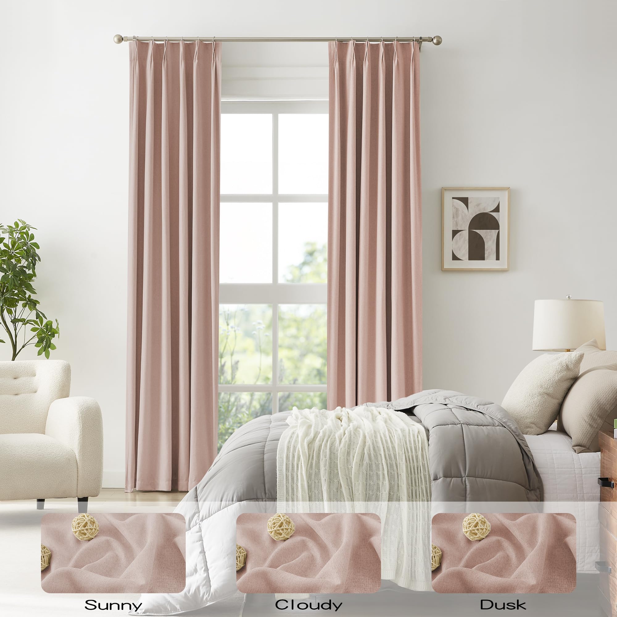 Dualife 102 Inch Pinch Pleated Blackout Curtains Pink -Thermal Insulated Pleat Drapes For Nursery Bedroom Girl Room With Hooks(B