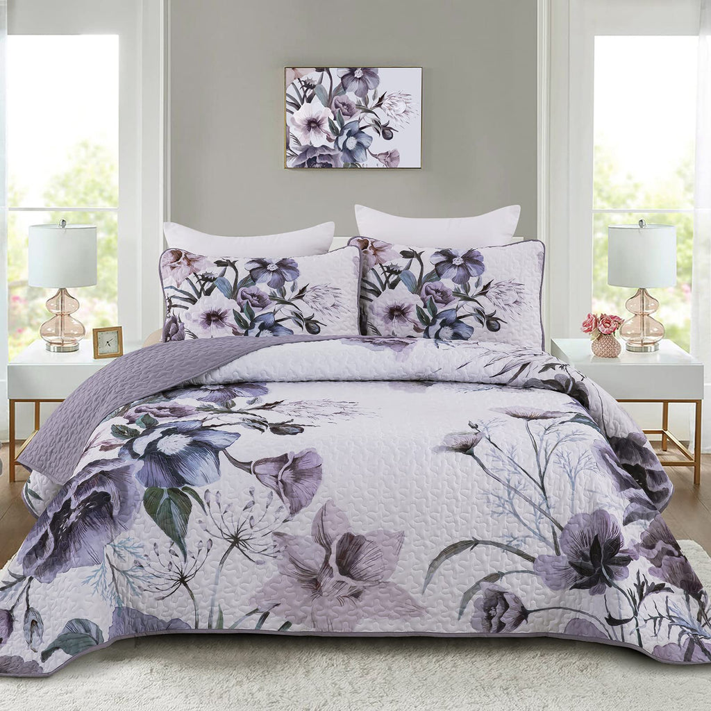 Drucon Floral Quilt Set King 3 Pieces Boho Purple Quilt Coverlet Set Soft Microfiber Lightweight Purple Floral Quilted Bedspread