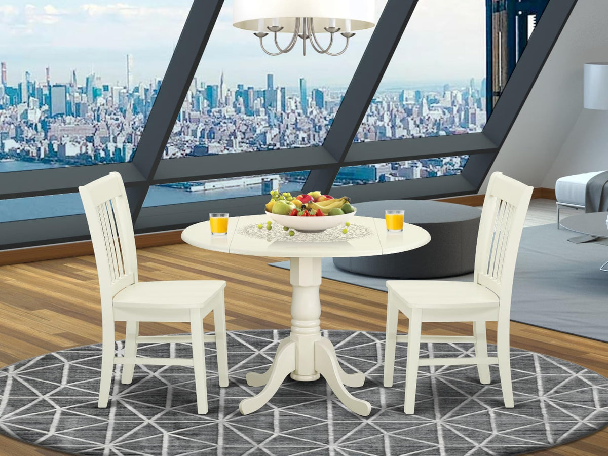 East West Furniture Dlno3-Lwh-W 3 Piece Dinette Set For Small Spaces Contains A Round Dining Table With Dropleaf And 2 Kitchen Dining Chairs, 42X42 Inch, Linen White
