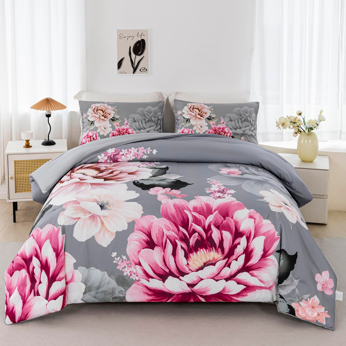 Rynghipy Grey Bed Comforter Set King Size 3 Pieces Pink Flowers Printed Bedding Set Soft Microfiber Comforter Sets With 1 Comfor