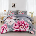 Rynghipy Grey Bed Comforter Set Full Size 3 Pieces Pink Flowers Printed Bedding Set Soft Microfiber Comforter Sets With 1 Comfor