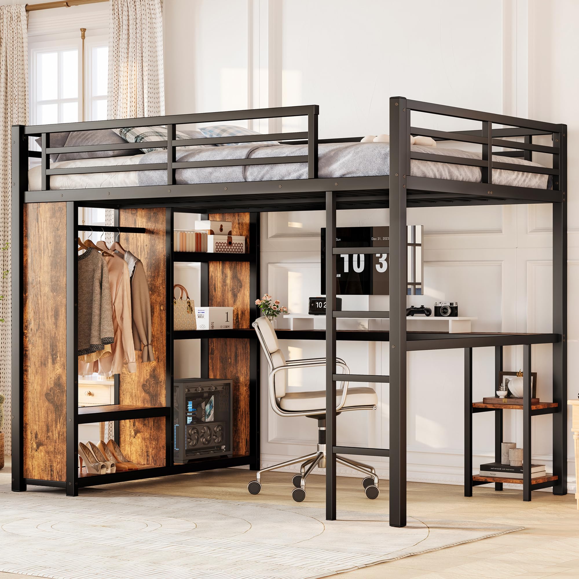 Queen Size Loft Bed with Desk and Storage Shelves, Queen Loft Bed with Wardrobe and Hanging Rod, Game Loft Beds with Guardrail, 