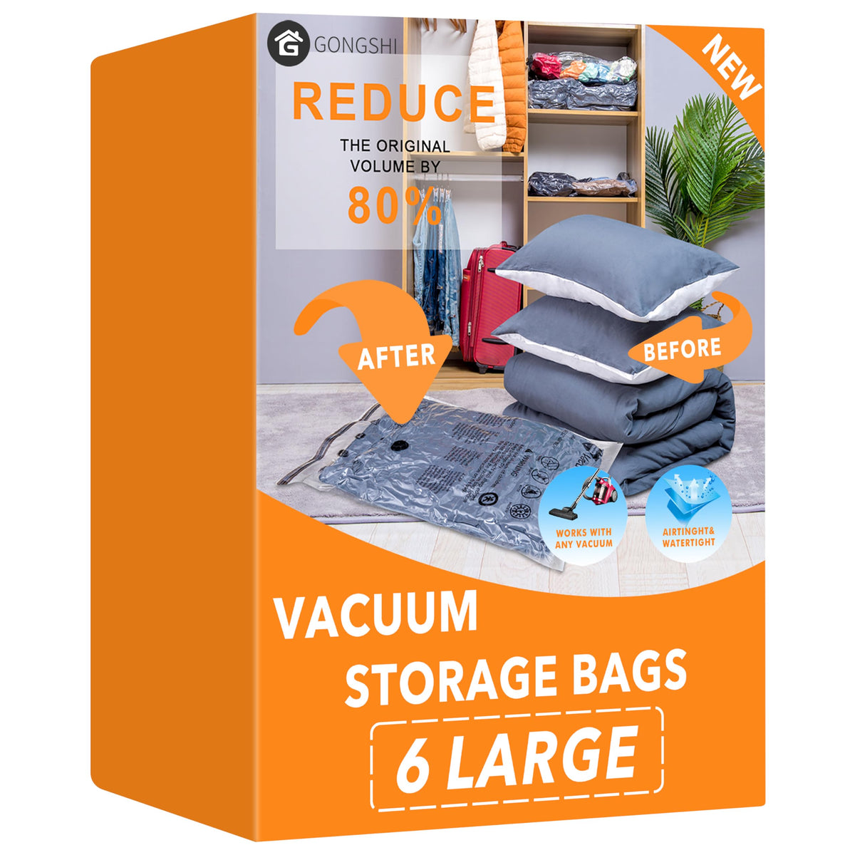 6 Large Vacuum Storage Bags,Space Saver Sealer Compression Bags For Blankets, Comforters, Pillows, Clothes Storage