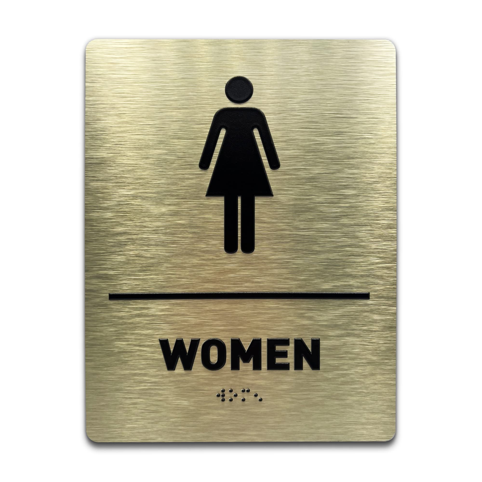 Womens Restroom Identification Sign - Ada Compliant Bathroom Sign, Raised Icons, Raised Braille, Brushed Gold, Tco Inspection Ce