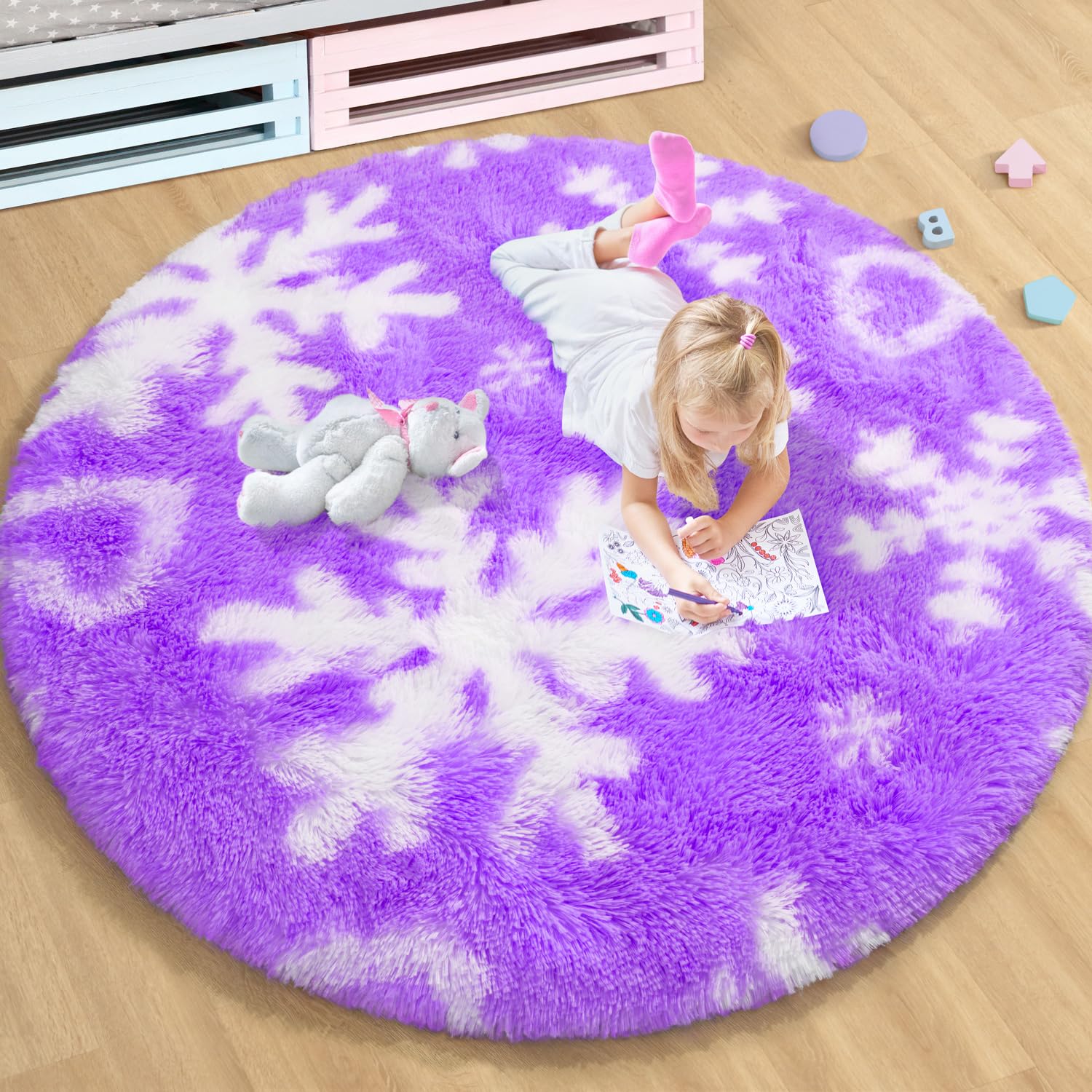EVOIONOS Purple Princess Rugs for Living Room, 4x6 Feet Fluffy Shaggy Snowflake Rug for Girls Bedroom, Plush Fuzzy Super Soft Ca