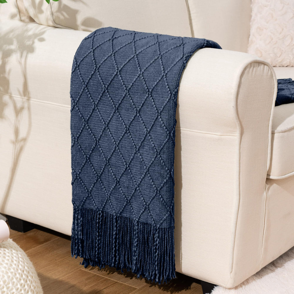 BATTILO HOME Navy Blue Throw Blanket with Fringe, Geometric Bed Blue Throws, Spring Decorative Large Throw for Couch Sofa Indoor