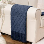 BATTILO HOME Navy Blue Throw Blanket with Fringe, Geometric Bed Blue Throws, Spring Decorative Large Throw for Couch Sofa Indoor