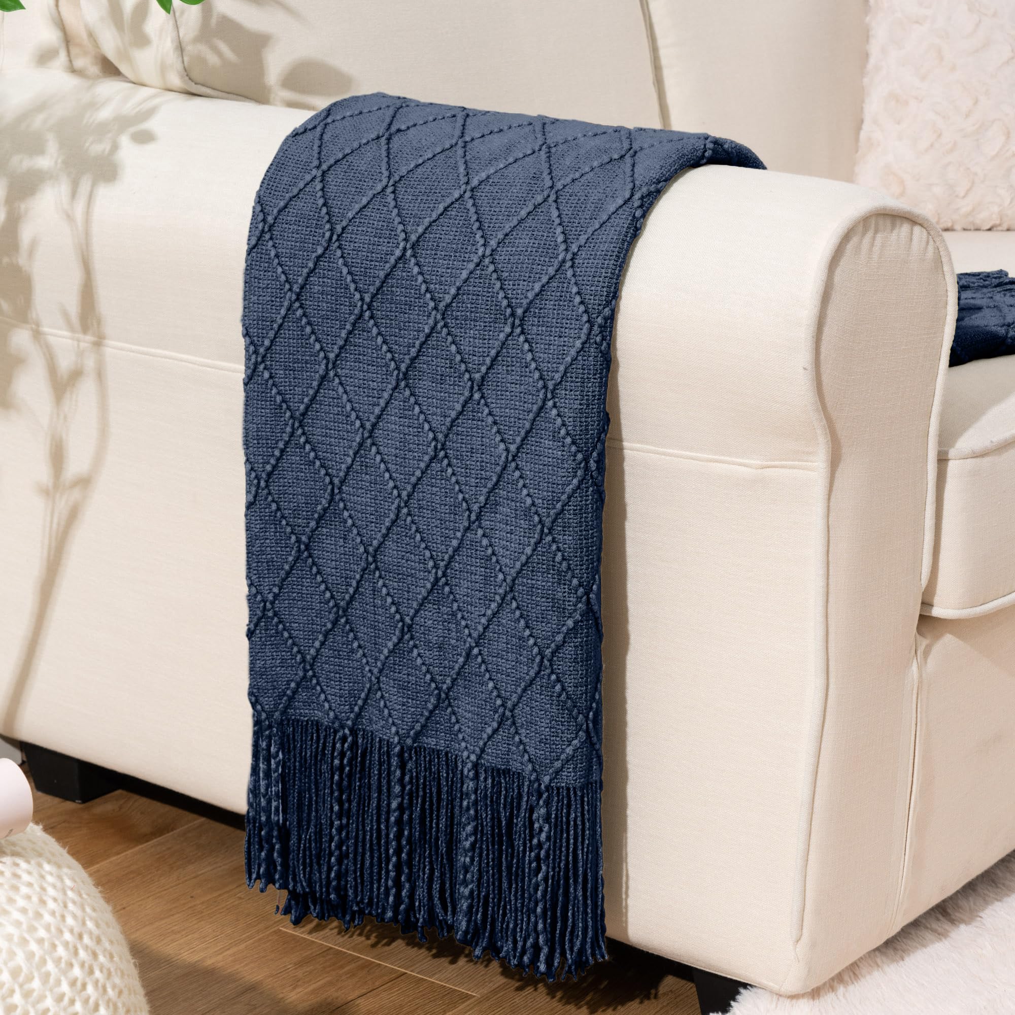 BATTILO HOME Navy Blue Throw Blanket with Fringe, Geometric Bed Blue Throws, Spring Decorative Large Throw for Couch Sofa Indoor