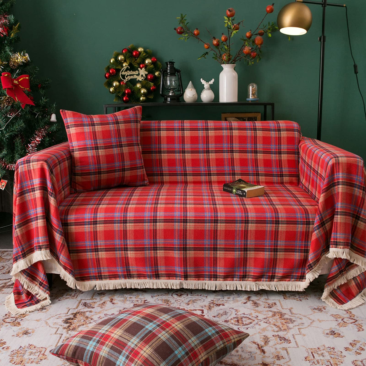Handontime Red Plaid Couch Cover Christmas Decorations, Sofa Cover For Couch Buffalo Check Sectional Couch Covers For Dogs Cats Red And Black Grid 3 Seater Couch Cover Couch Cushion Covers, 71'X 134'