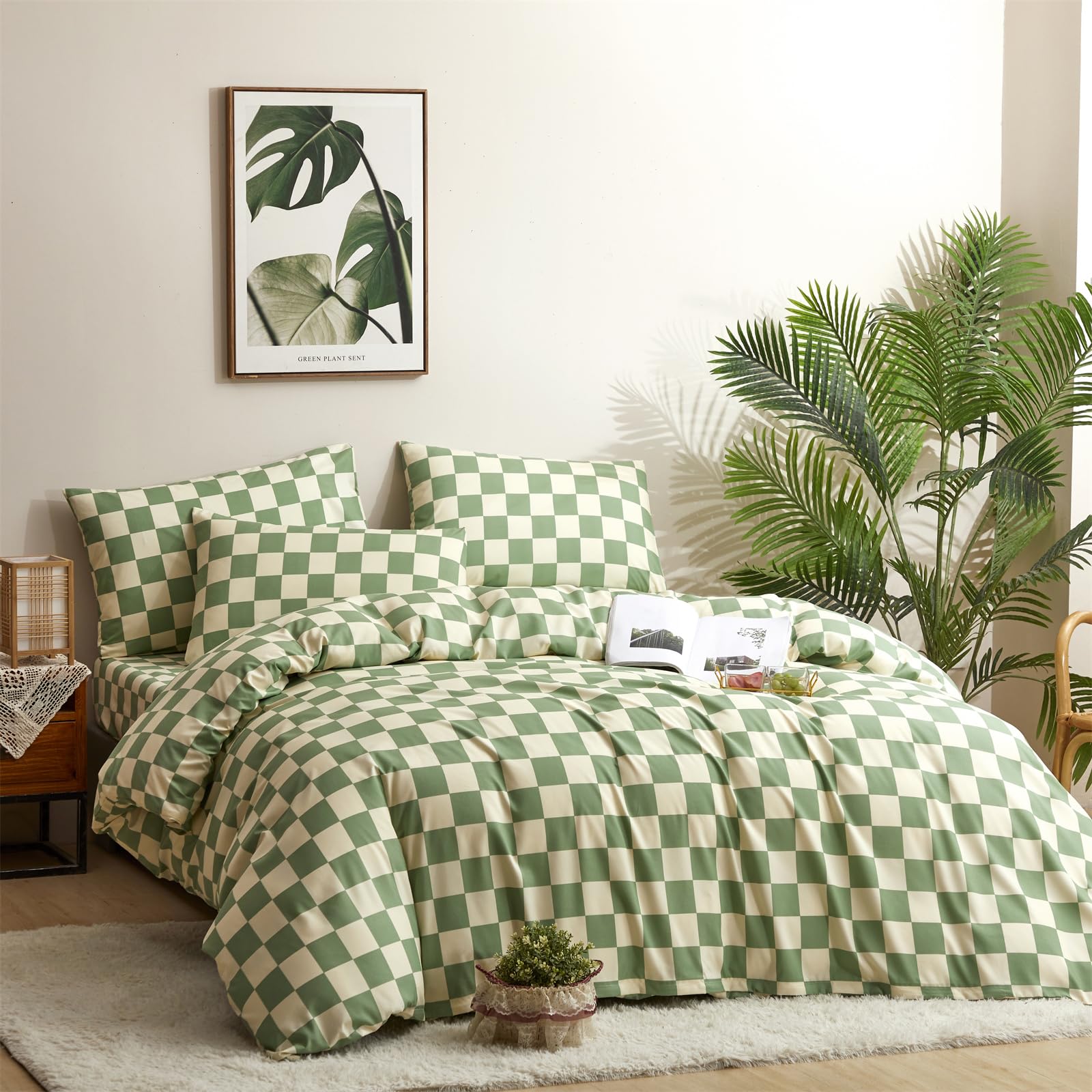 Clothknow Green White Plaid King Comforter Set 3Pcs Green White Bedding Comforter Sets Grid King Comforter Green White King Size