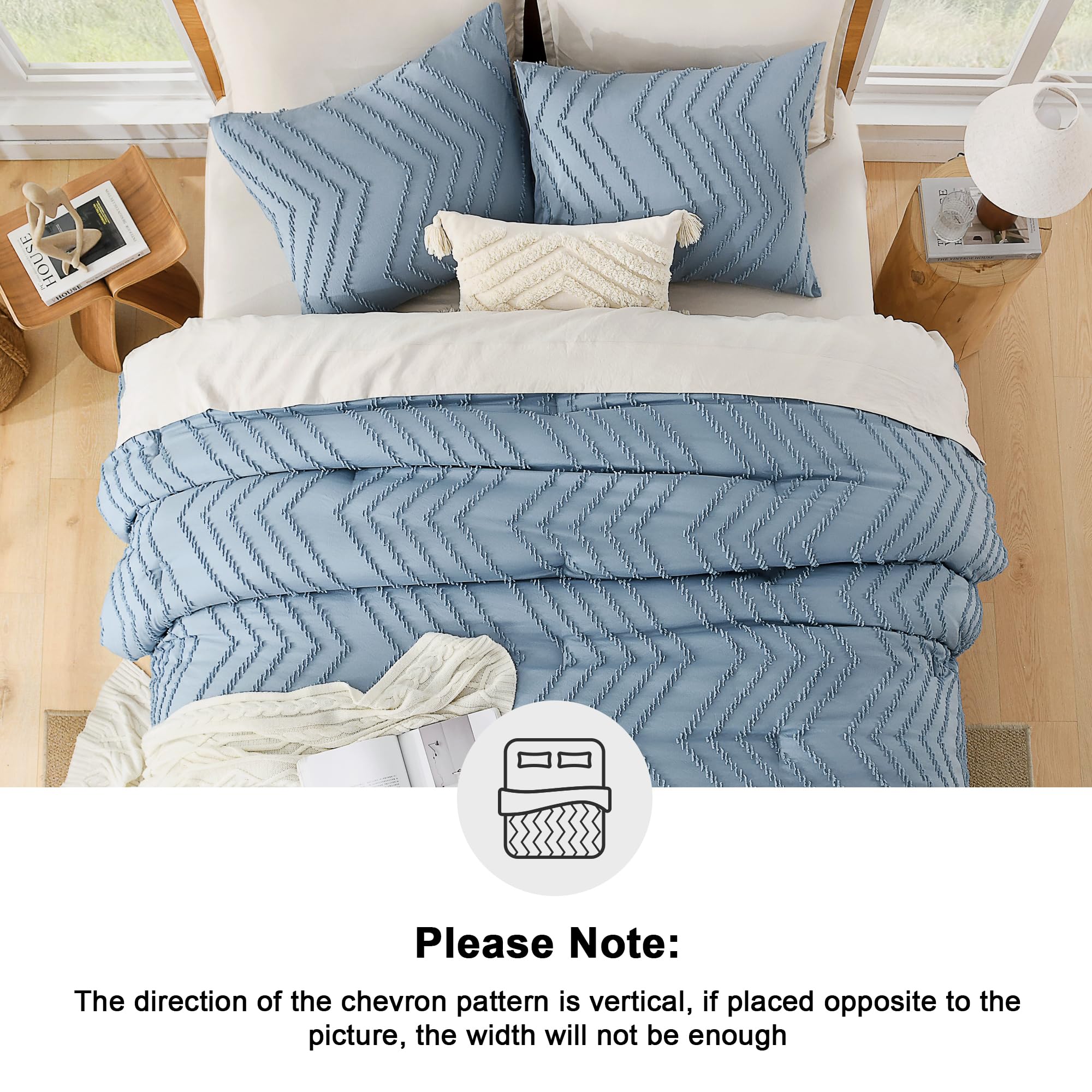 Litanika Grayish Blue California King Comforter Set, 3 Pieces Cal King Oversized Chevron Tufted Bedding Comforter Sets, Fluffy B