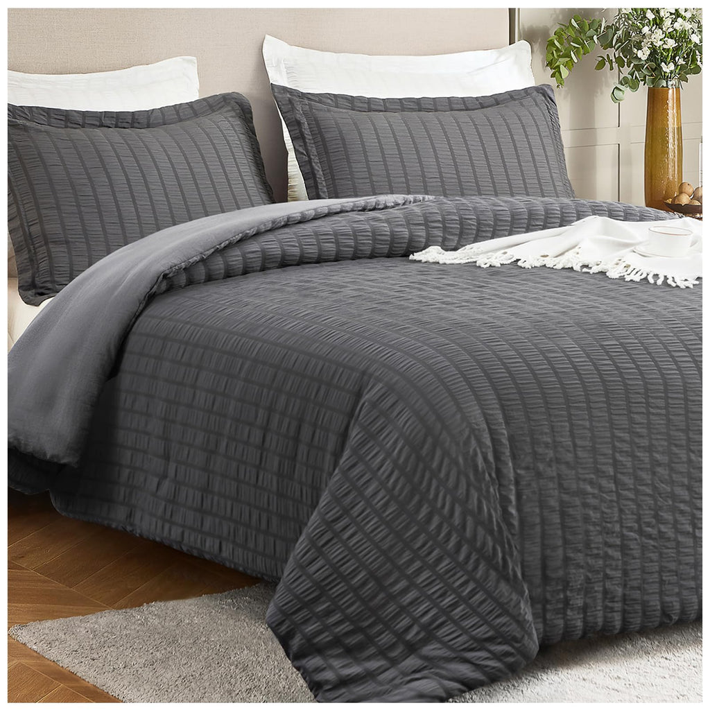 Satisomnia Queen Comforter Set Grey, Soft Seersucker Comforters Queen Size Bed, 3 Pieces Lightweight Down Alternative Bedding Co
