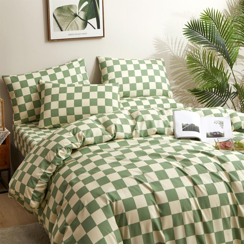 Clothknow Green White Plaid King Comforter Set 3Pcs Green White Bedding Comforter Sets Grid King Comforter Green White King Size