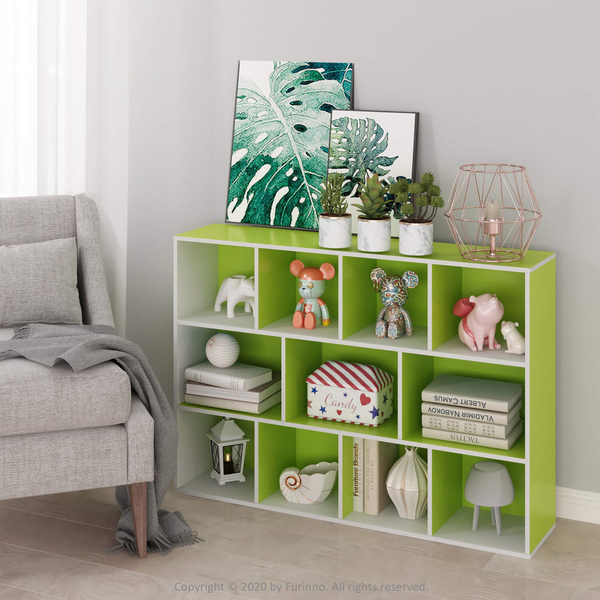 Furinno 11107Wh-Gr 7 Reversible, 11-Cube, White Green