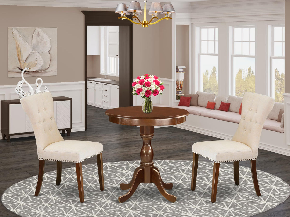 East West Furniture Esga3-Mah-32 3 Piece Dining Table Set For Small Spaces Contains A Round Wooden Table With Pedestal And 2 Light Beige Linen Fabric Parson Chairs, 30X30 Inch, Mahogany