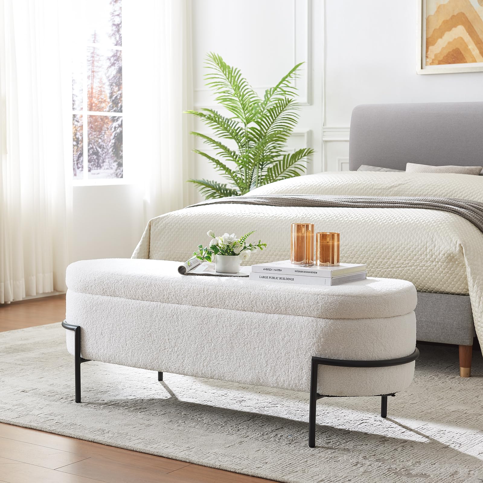 FiveWillowise Sherpa Storage Ottoman Bench for Bedroom, White End of Bed Bench with Storage, Upholstered Boucle Storage Bench wi