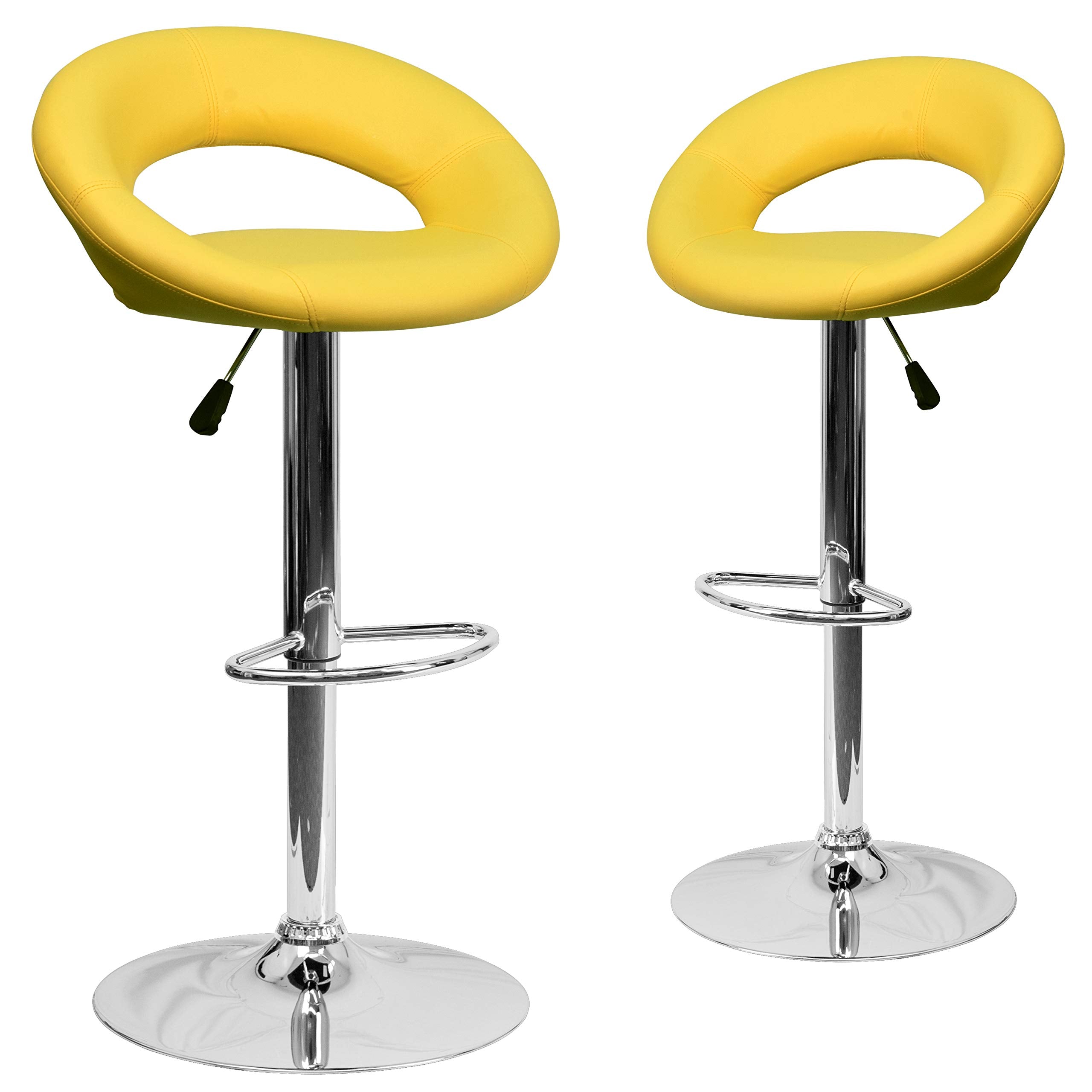 2 Pk. Yellow Vinyl Rounded Back Adjustable Height Barstool with Chrome Base