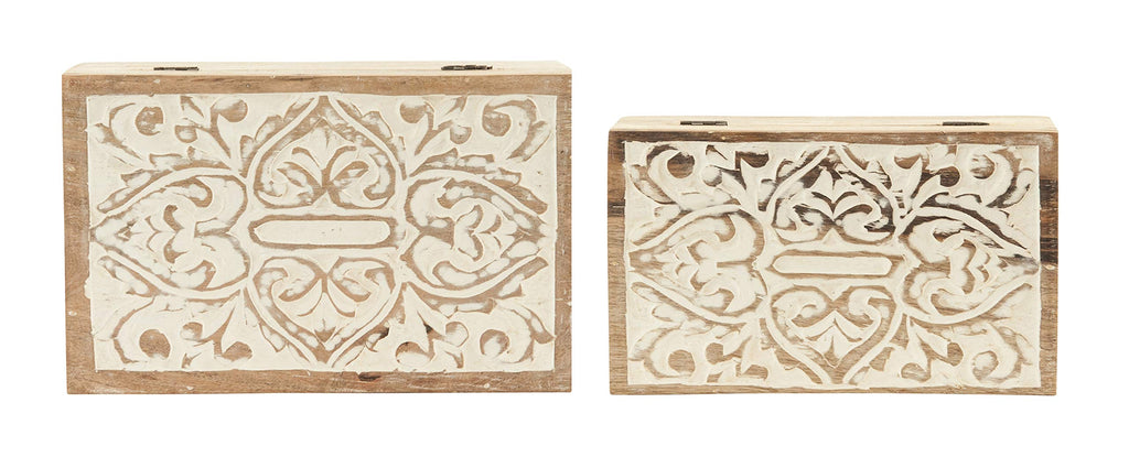 Creative Co-Op Handcarved & Whitewashed Mango Wood Boxes (Set Of 2 Sizes) Misc Non-Food Storage, White, 2 Count