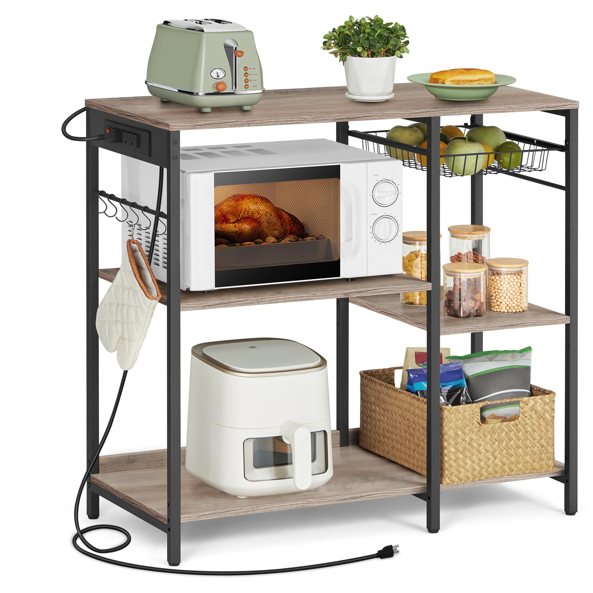 VASAGLE Bakers Rack, Coffee Bar Stand with Charging Station, Storage Shelves, Pull-Out Wire Basket, Table for Microwave, Kitche