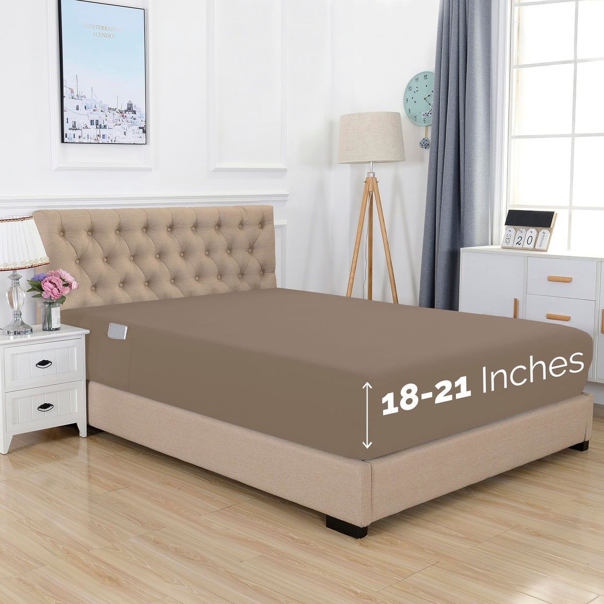 Elegant Comfort 1500 Premium Hotel Quality 18-21 Inches Deep - Extra Deep Pocket Single Fitted Sheet For High Mattress, Luxury And Softest, Smart Pocket - Wrinkle Free, Full, Taupe