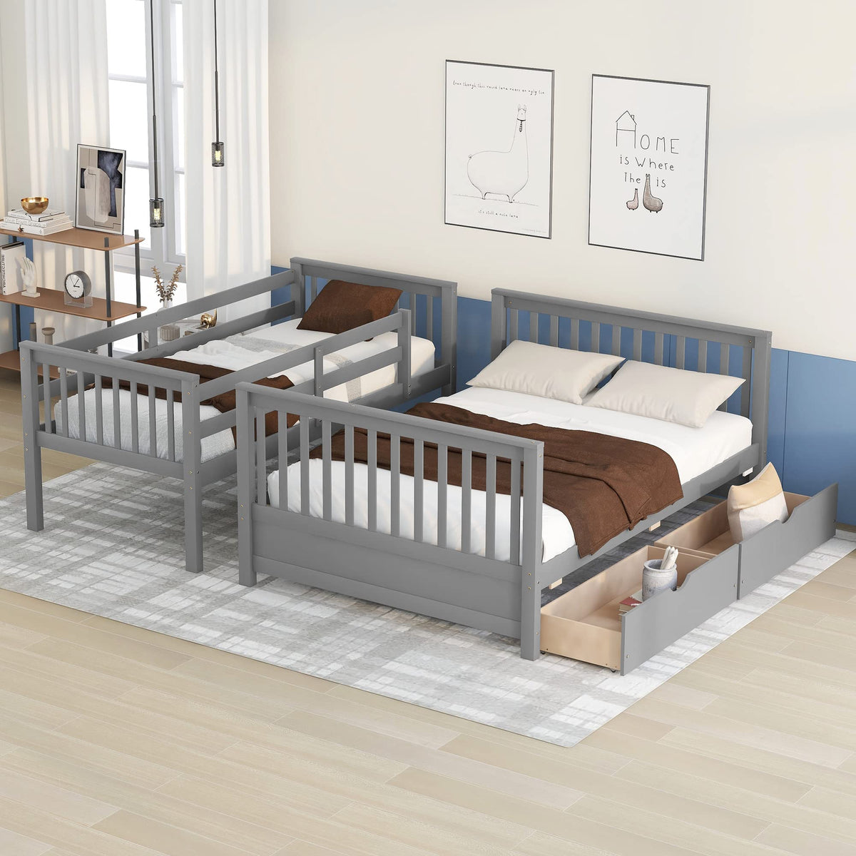 Merax Wood Bunk Bed With Drawers,Convertible Wood Bunk Bed With Ladders And Two Storage Drawers,Solid Wood Detachable Bunk Bed Frame With Ladders,Twin Over Full Size,Grey