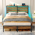 Rolanstar Bed Frame Full Size with USB Charging Station, LED Bed Frame with Wood Storage Headboard, Rustic Brown Metal Platform 