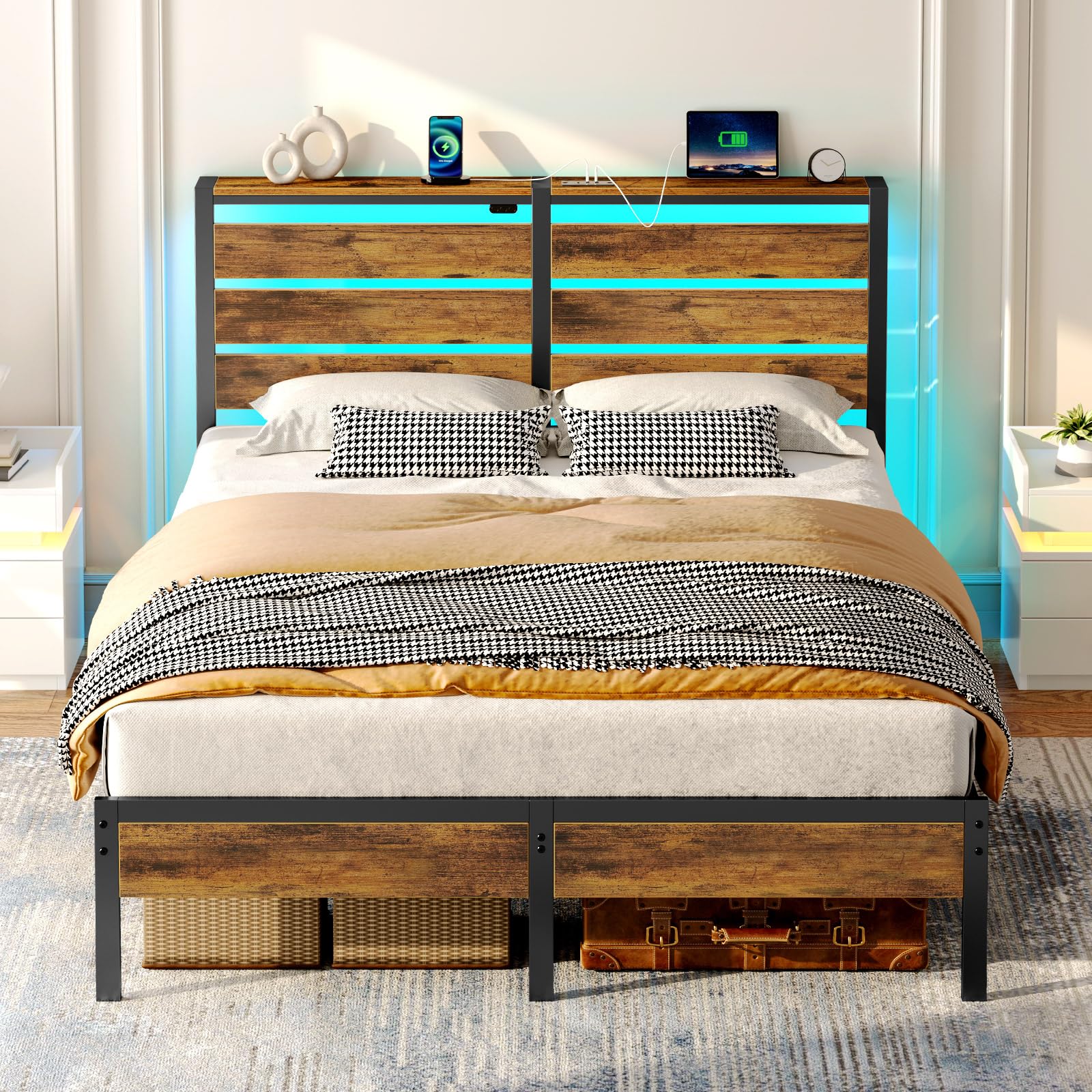 Rolanstar Bed Frame Full Size with USB Charging Station, LED Bed Frame with Wood Storage Headboard, Rustic Brown Metal Platform 