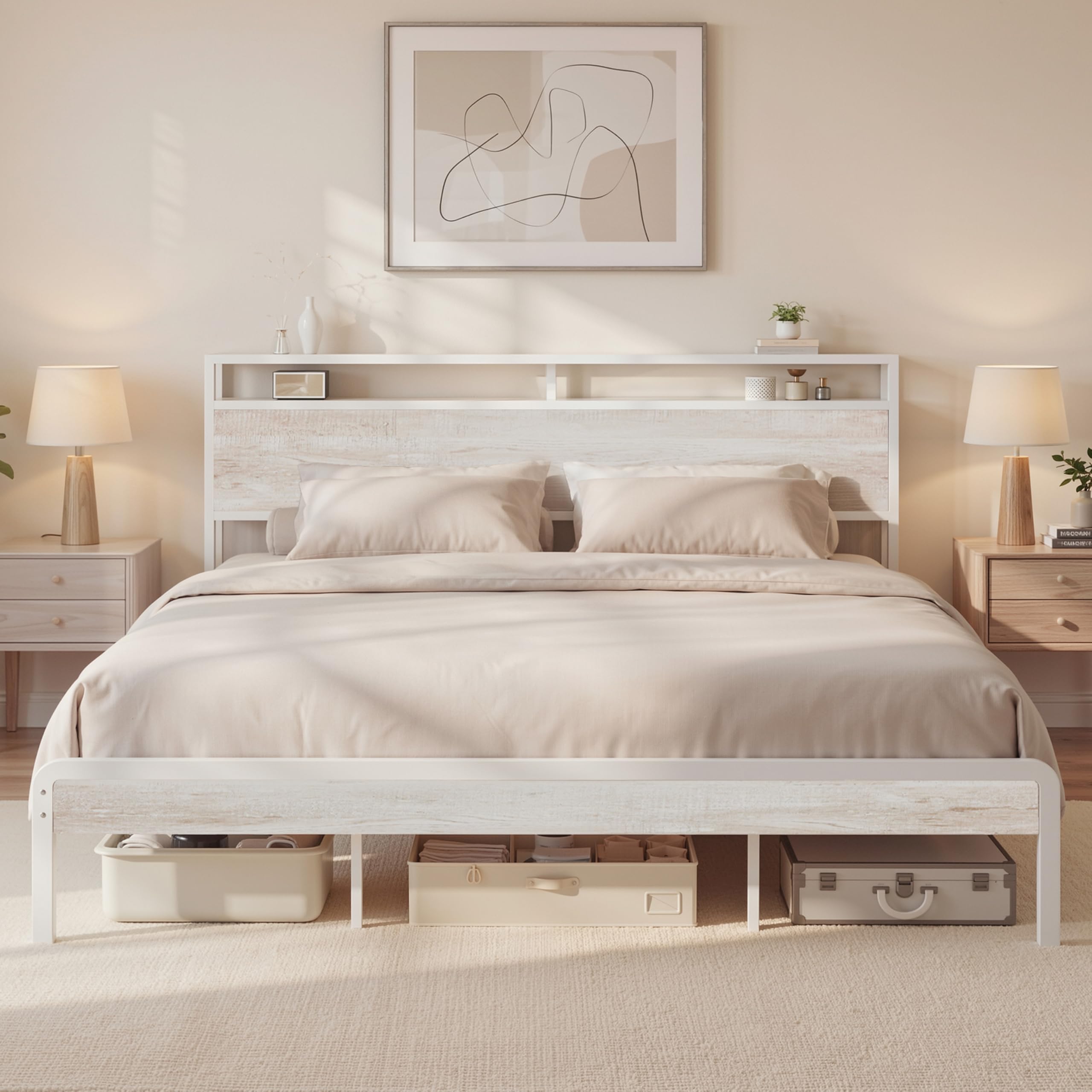 LIKIMIO King Bed Frame with Headboard, Wood Camas King with Strong Supports, Sturdy, Noise-Free, No Box Spring Needed, White Map
