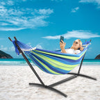 Szhlux Double Hammock With Stand Included 450Lb Capacity Steel Stand, Premium Carry Bag Included.Indoor Outdoor Brazilian-Style Cotton Bed For Backyard, Camping,Garden,Green