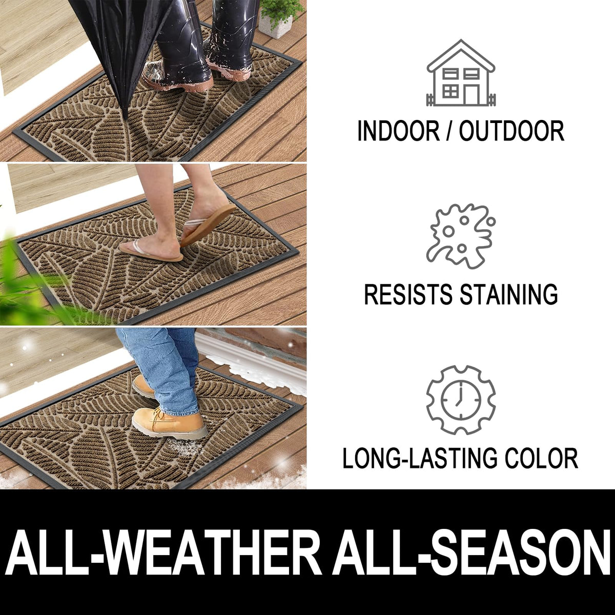 Colorxy Waterproof Doormat, Sturdy Natural Rubber Front Indoor Mat, Non Slip Low Profile Indoor Outdoor Door Mat, Stain And Fade Resistant Floor Mat, Easy Clean Patio Entrance Mat, 36''X24'', Brown