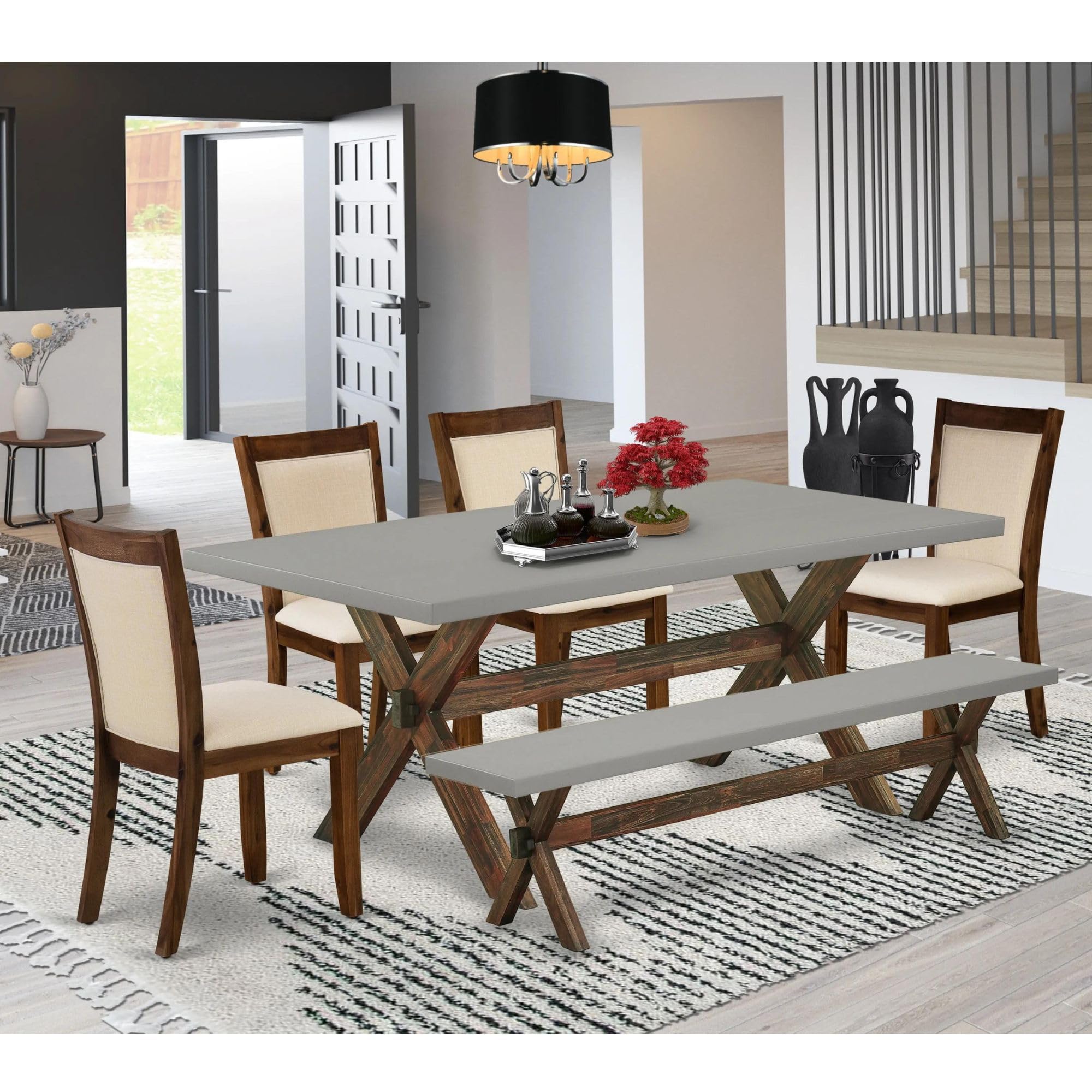East West Furniture X797Mzn32-6 6 Piece Dining Set Contains A Rectangle Dining Room Table With X-Legs And 4 Light Beige Linen Fabric Upholstered Chairs With A Bench, 40X72 Inch, Multi-Color
