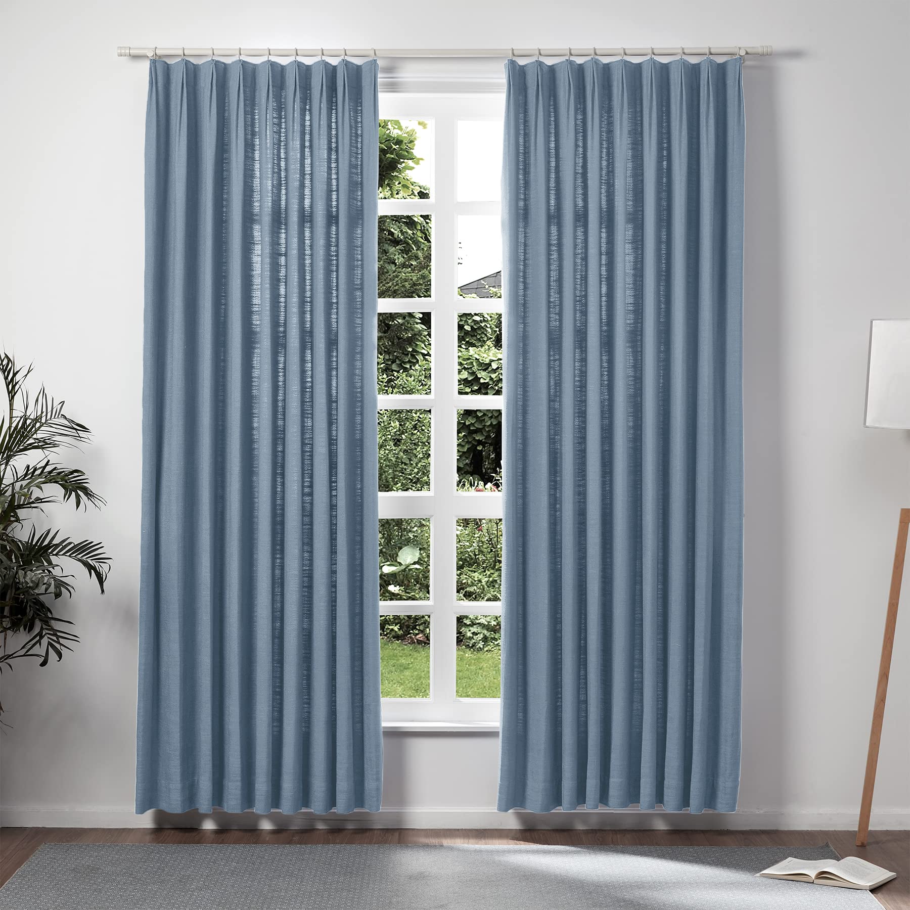 Twopages Aegean Blue Linen Pinch Pleat Curtain For Living Room, Window Treatment Curtain Panel Double Layer Light Filtering Room