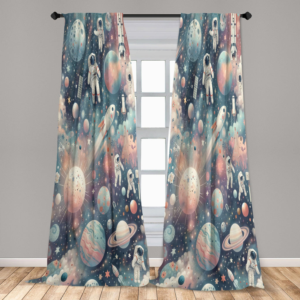 Ambesonne Outer Space Curtains, Dreamy Cartoon Galaxy With Starry Clouds Planets Astronauts Rockets, Window Treatments 2 Panel S