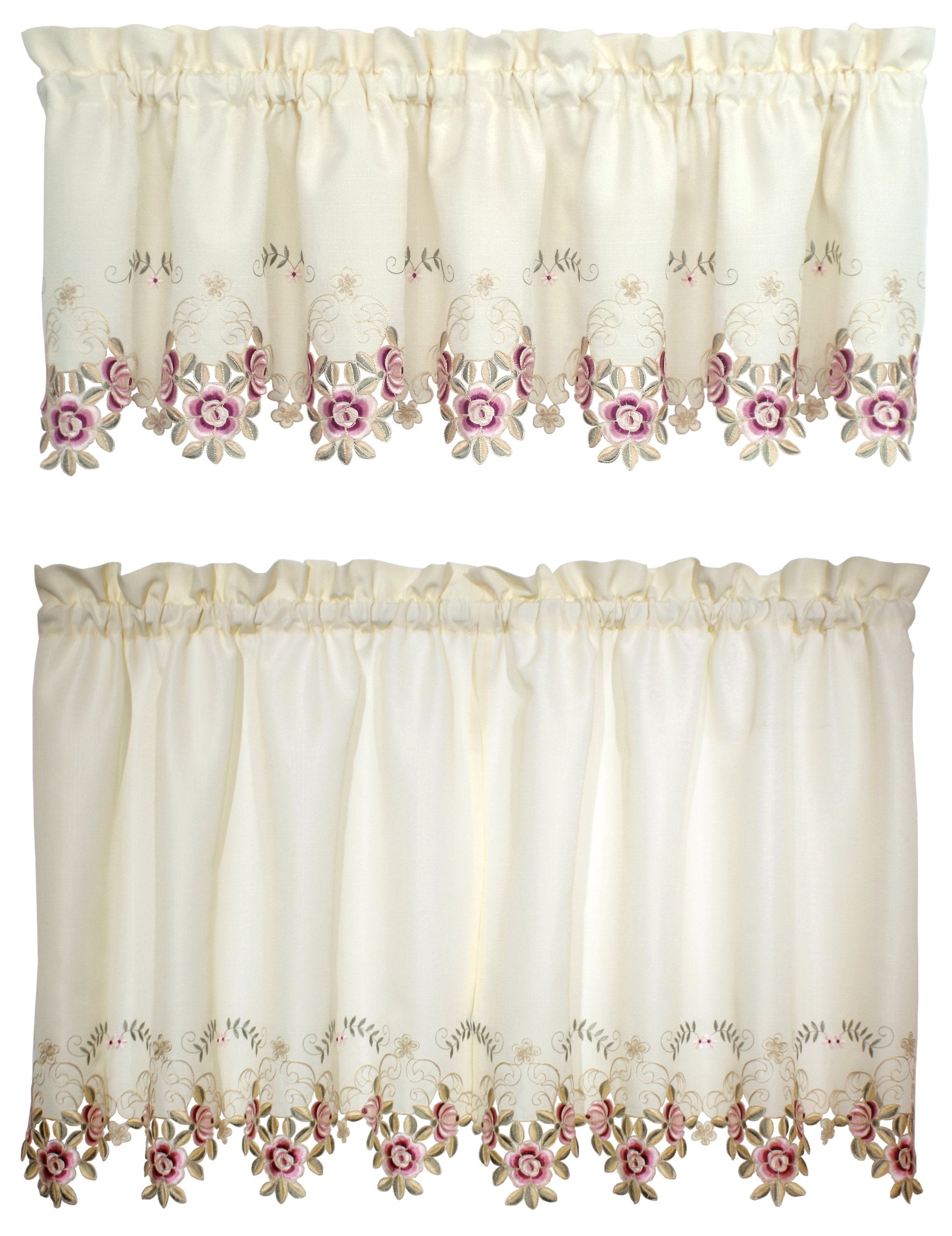 Today'S Curtain Verona Reverse Embroidery Tier, 30', Ecru/Rose