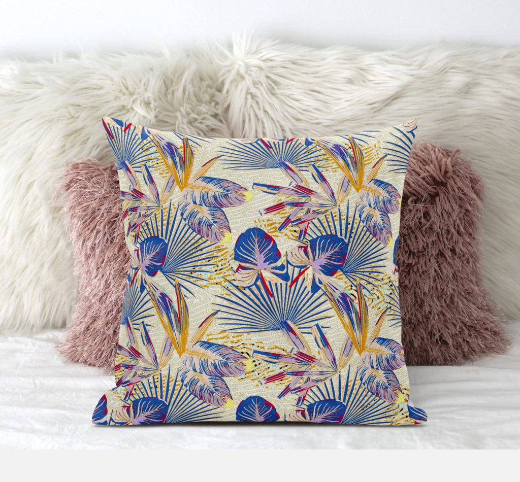 HomeRoots Grey Yellow 20â€ Blue Cream Tropical Zippered Suede Throw Pillow