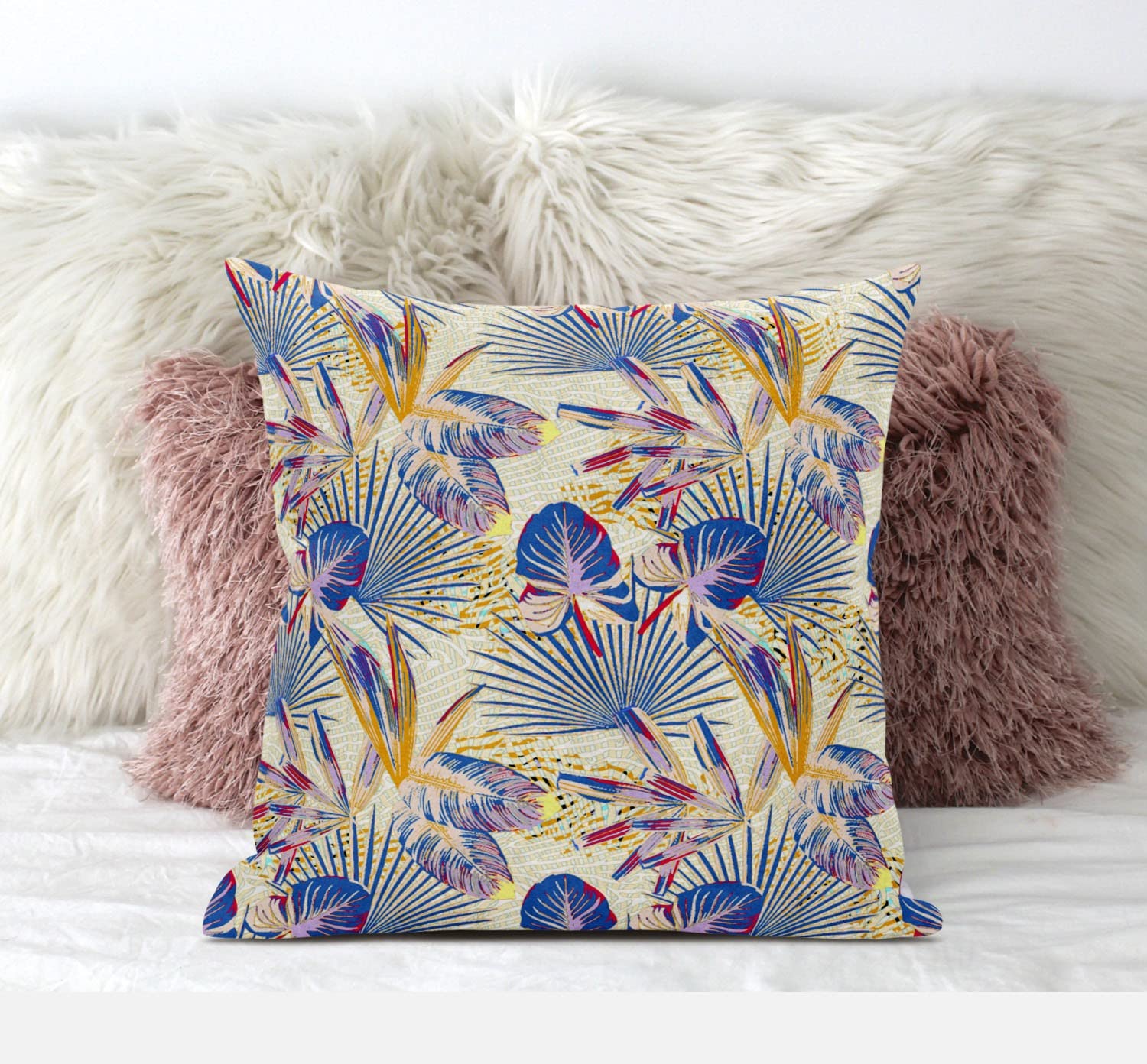 HomeRoots Grey Yellow 20â€ Blue Cream Tropical Zippered Suede Throw Pillow