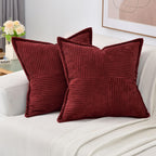 Haussy Burgundy Throw Pillow Covers 14X14 Inch Set Of 2,Soft Solid Corduroy Striped/Wide Bordered,Square Decorative Cushion Case