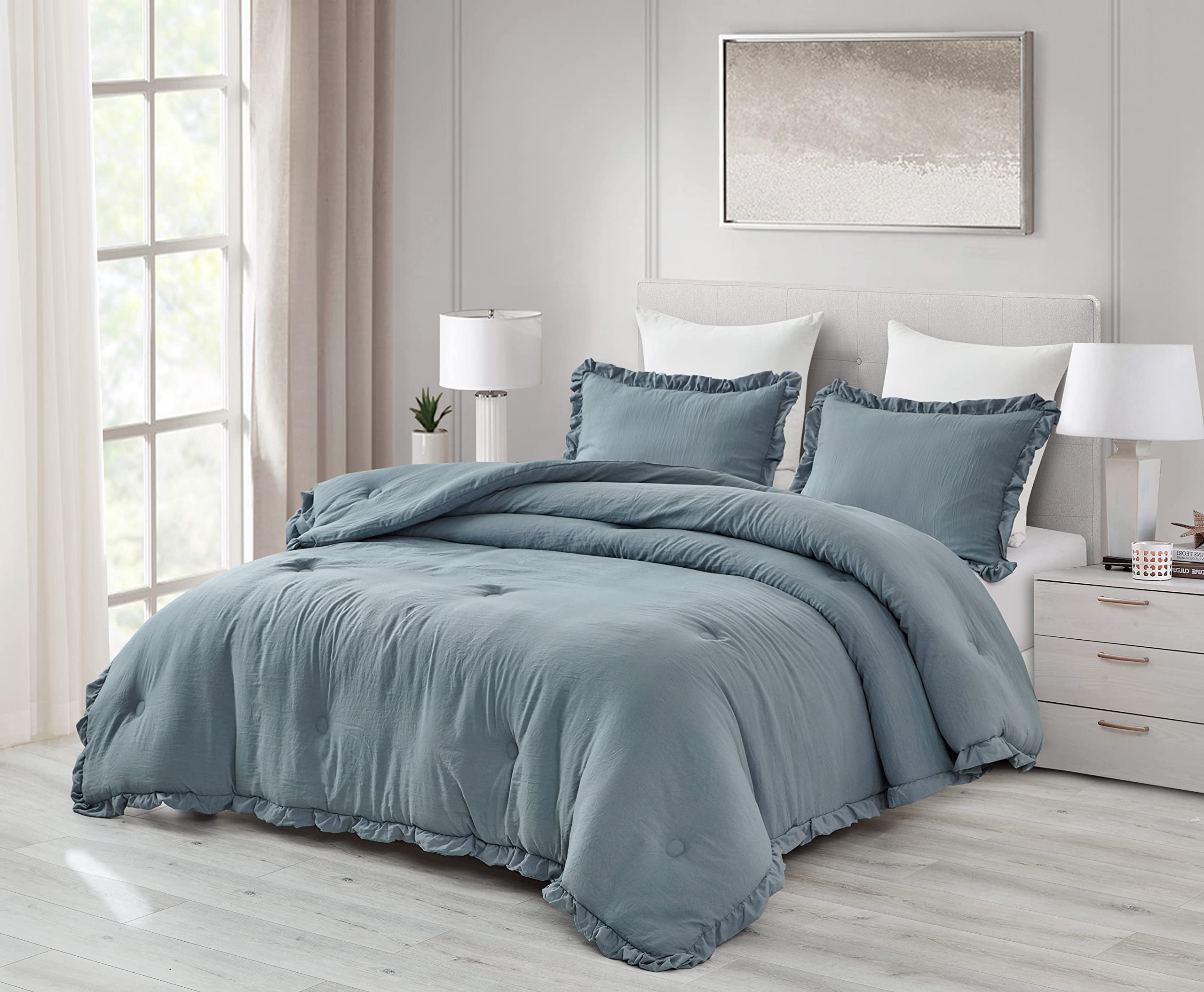Chezmoi Collection Nora 3-Piece Ruffled Edge Trim Soft Washed Microfiber Comforter Set (Oversized King, Dusty Blue)