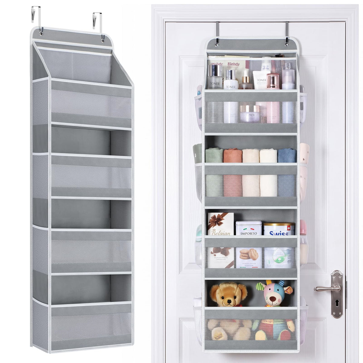 Yecaye Over the Door Organizer, Longer 4 Tier Door Organizer Hanging, Grey
