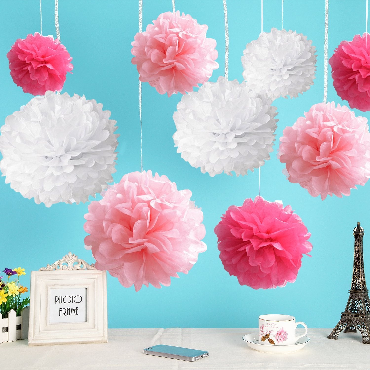 10Pcs White Tissue Hanging Paper Pom-Poms, Hmxpls Flower Ball Wedding Party Outdoor Decoration Premium Tissue Paper Pom Pom Flow
