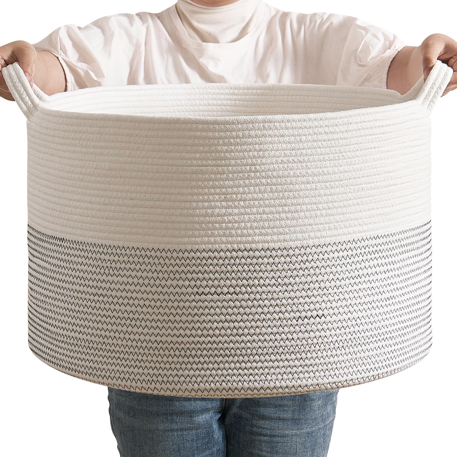 CLHMILY&Z Large Woven Storage Basket - 22x14.2 Inches - Modern Nursery Bin, Round Baby Toy Organizer, Soft Cotton Hamper for Hom