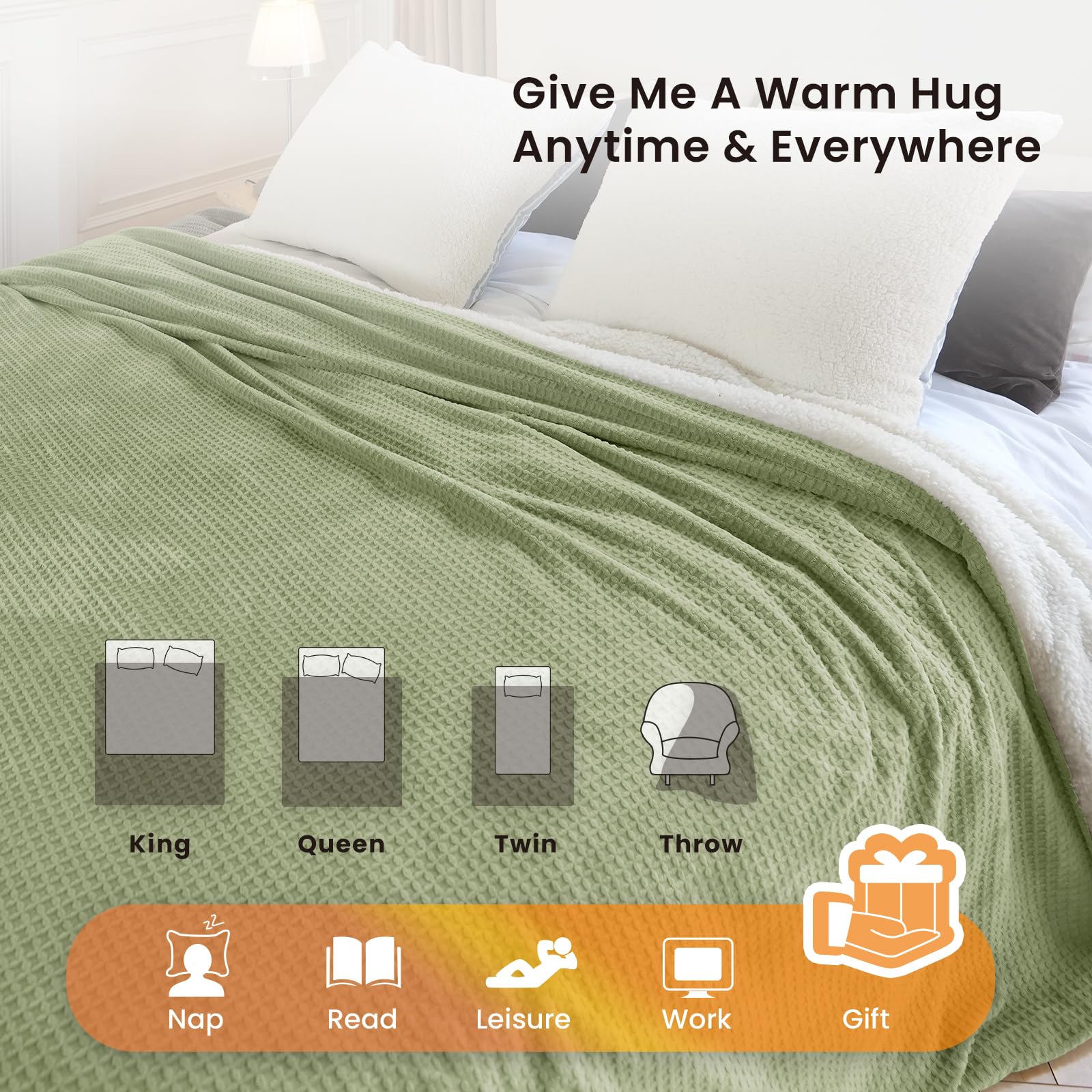 blunique King Heated Blanket, Sage Green, 90x100 Inches, Fast Heating, 6 Levels, Auto Off