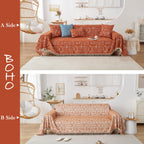 Handontime Boho Aztec Sofa Slipcover For Sofa/Couch Farmhouse Geometric Couch Protector For Dogs With Tassel Brick Orange Couch Covers Sofa Cover For Dogs Cats Kids Bohemian Sofa Décor, 71' X150'