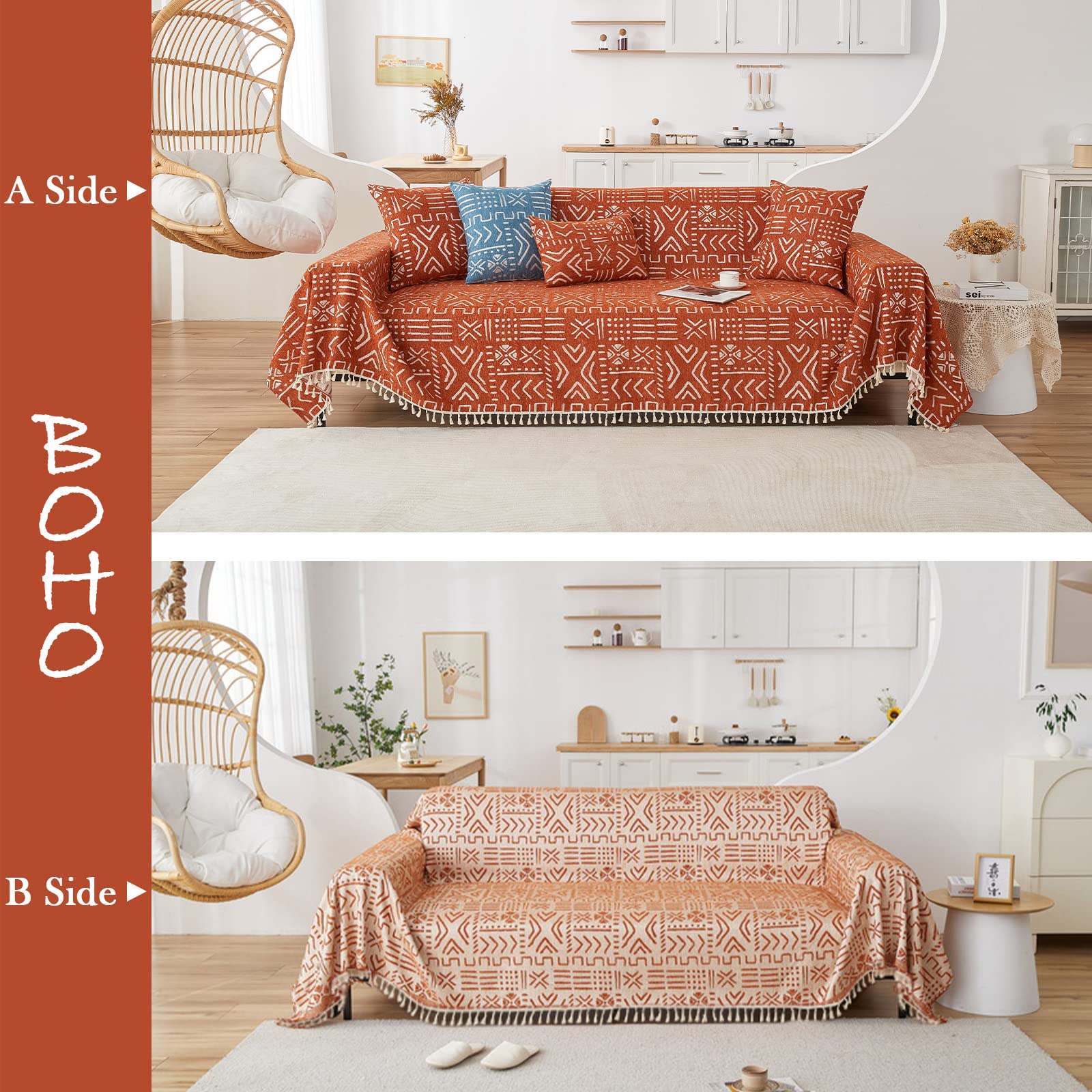 Handontime Boho Aztec Sofa Slipcover For Sofa/Couch Farmhouse Geometric Couch Protector For Dogs With Tassel Brick Orange Couch Covers Sofa Cover For Dogs Cats Kids Bohemian Sofa Décor, 71' X150'